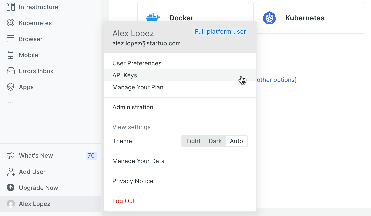 New Relic profile menu showing API Keys option